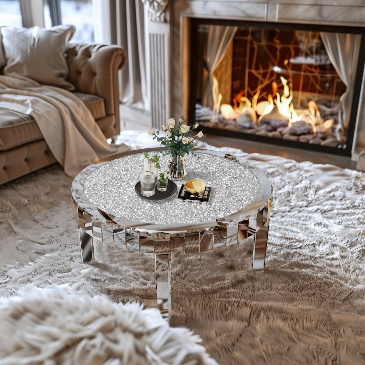 Large Round Mirrored Coffee Table Beveled Bling Crushed Diamond End Table