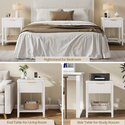 Modern White Nightstand with Charging Station, Fluted Bedside Table with Drawer, Wood End Table for Bedroom, Space Saving