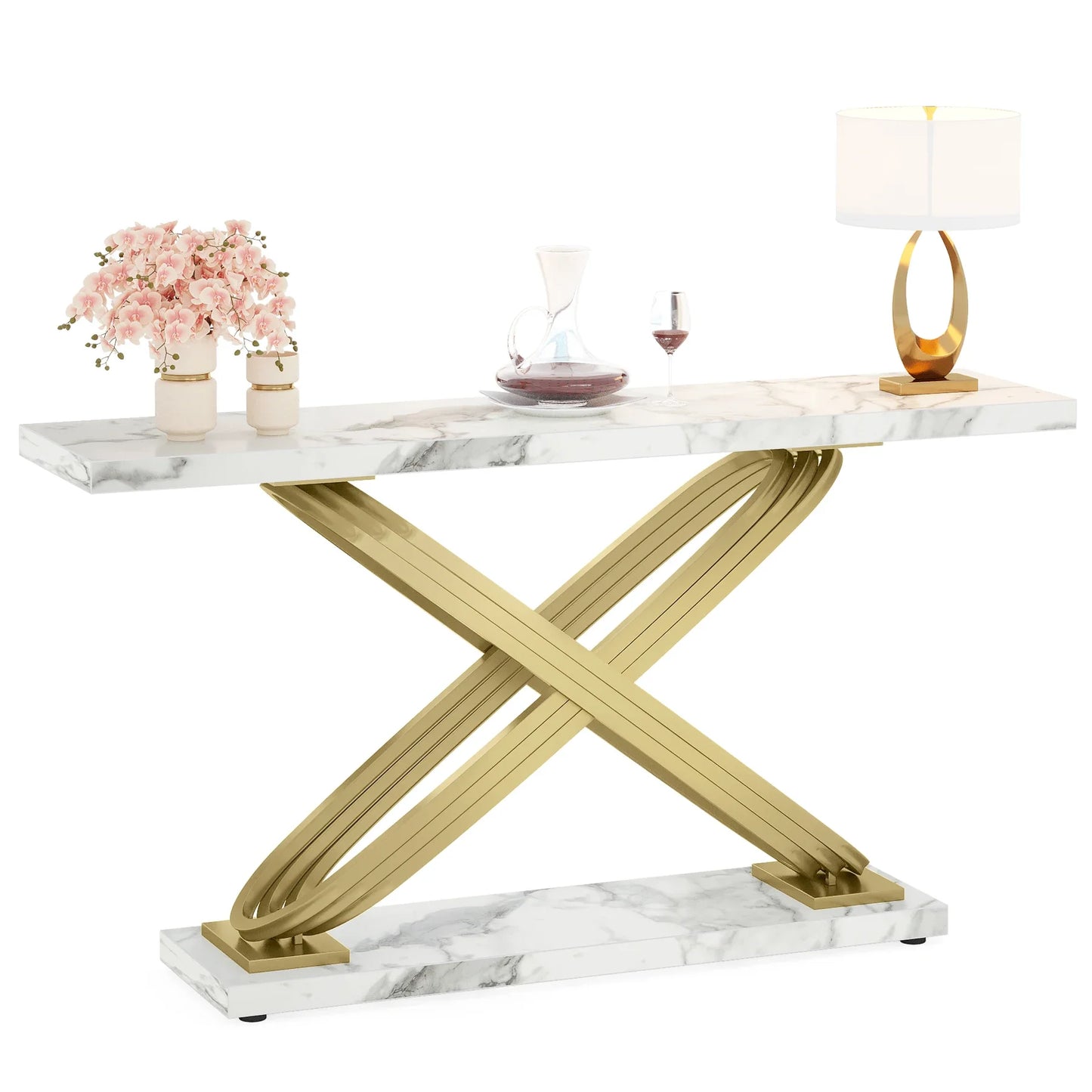 55 Inch Modern Console Table, Faux Marble Gold Entryway Table Behind Sofa Couch, Narrow Rectangular Sofa Table