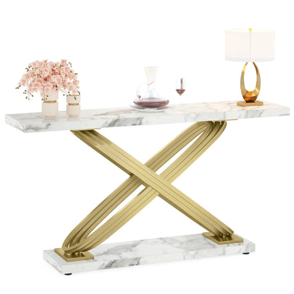 55 Inch Modern Console Table, Faux Marble Gold Entryway Table Behind Sofa Couch, Narrow Rectangular Sofa Table
