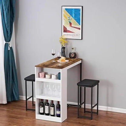 3 Piece Dining Table Set Kitchen Bar Table with Two Stool Storage Shelves Wood Counter Height Table Top with Sew Kerf Finish