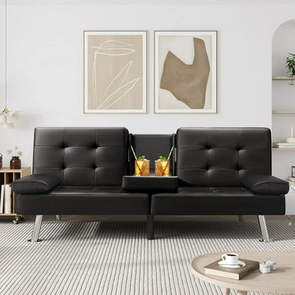 Futon Sofa Bed Modern Faux Leather Couch Bed Convertible Folding Recliner for Living Room with 2 Cup Holders and Armrest