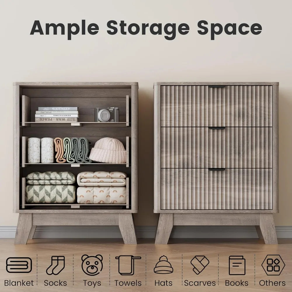 Night Stand Set 2,Mid Century Modern Fluted Wood Nightstand with Drawers & Metal Handles, Farmhouse Nightstand for Bedroom