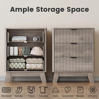 Night Stand Set 2,Mid Century Modern Fluted Wood Nightstand with Drawers & Metal Handles, Farmhouse Nightstand for Bedroom