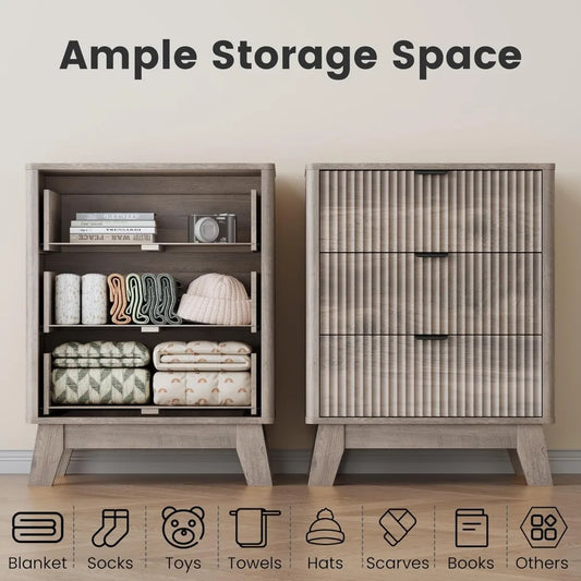 Night Stand Set 2,Mid Century Modern Fluted Wood Nightstand with Drawers & Metal Handles, Farmhouse Nightstand for Bedroom