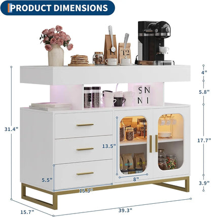 LED Buffet Cabinet with Charging Station, Smart Bar Cabinet with 20-Color Auto RGB Light, Coffee Bar Cabinet with Drawer/Hutch,