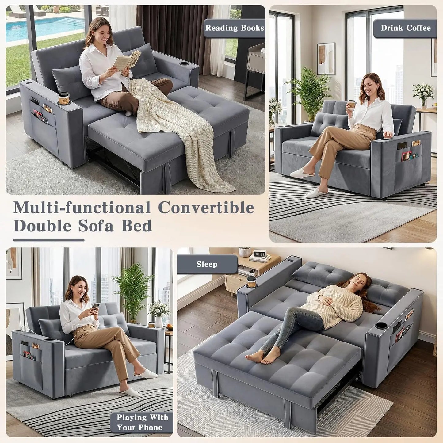Pull Out Couch Bed, 3-in-1 Velvet Convertible Loveseat Sleeper Sofa for Small Space (Light Gray) | Adjustable, Customized