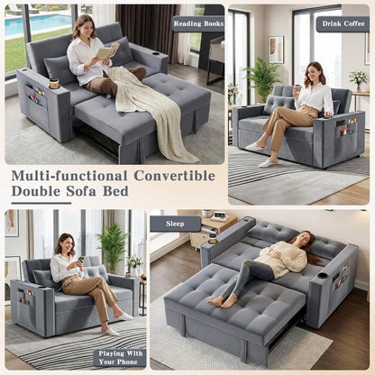 Pull Out Couch Bed, 3-in-1 Velvet Convertible Loveseat Sleeper Sofa for Small Space (Light Gray) | Adjustable, Customized