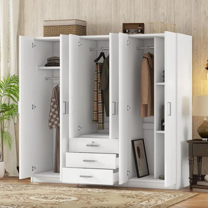 Large Wardrobe Closet 6 Doors, 70.9" W Wooden Wardrobe Cabinet with Big Drawers, Bedroom Armoire Dresser Wardrobe Clothes Organi