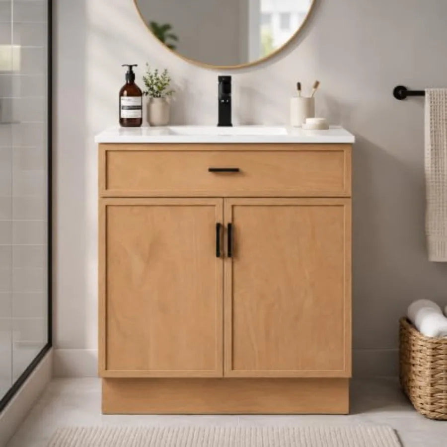 30 Inch Bathroom Vanity with Ceramic Sink and Countertop, Water-Resistant Wood Cabinet with 2 Soft-Closing Doors, White Finish
