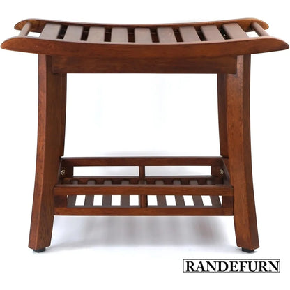 24“ teak shower bench with shelf, teak wood shower stool, waterproof wood shower chair