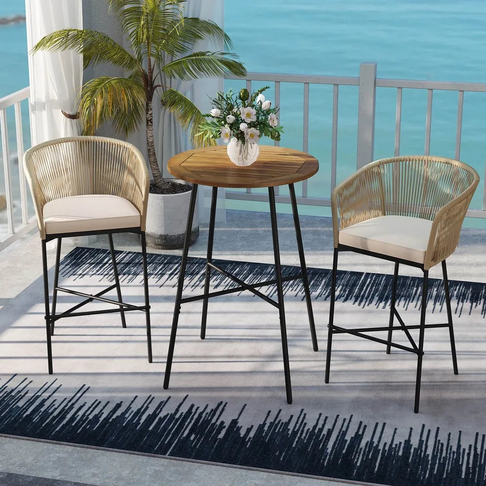 3 PCS Rope Woven Patio Bar Set w/ Soft Cushions and Acacia Wood Tabletop