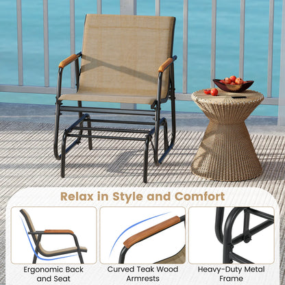 Patio Glider Chair Set of 2 w/ Curved Teak Armrests & Breathable Fabric Seat