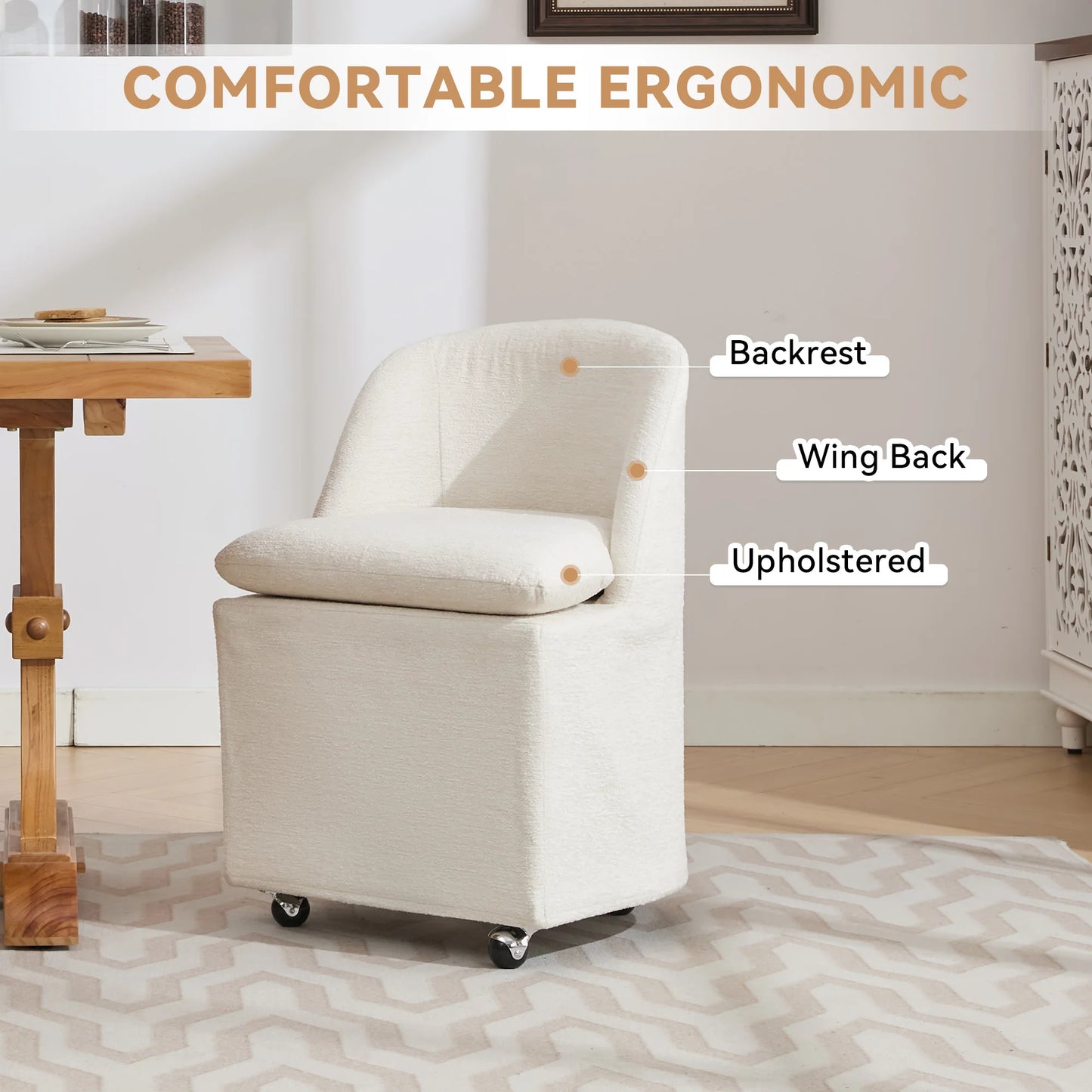 Set of 2 Chenille Fabric Dining Chairs With Universal Wheels
