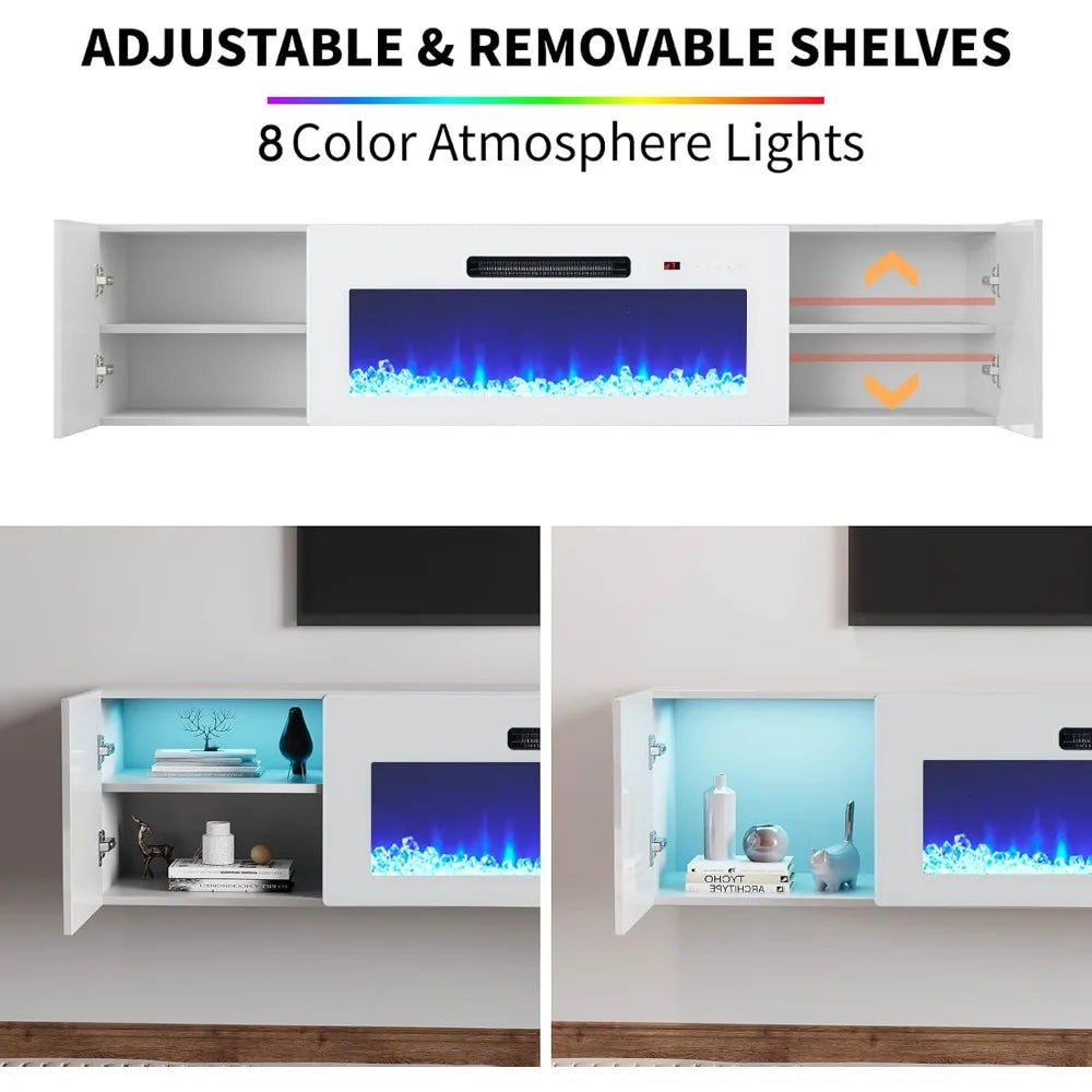 Wall-Mounted Electric Fireplace Entertainment Center with Storage, 36 High Gloss Floating TV Stand