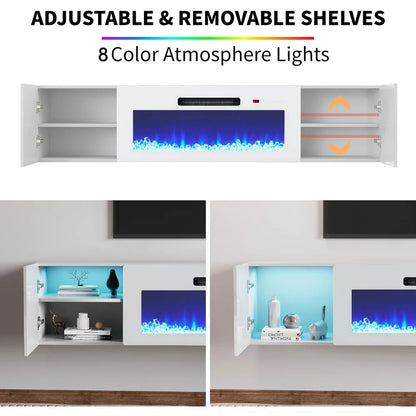 Wall-Mounted Electric Fireplace Entertainment Center with Storage, 36 High Gloss Floating TV Stand