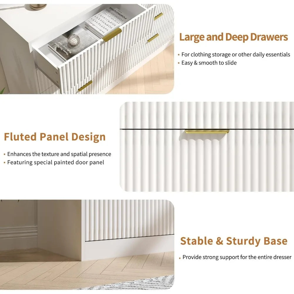 Fluted Dresser for Bedroom with 8 Drawer, 55” Wide White Double Drawer Dresser Modern Chest of Drawers with Metal Handle