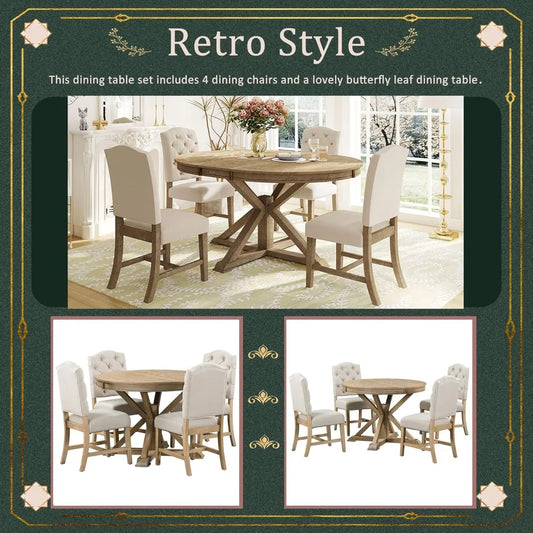 retro 4-person extendable dining table set, 5-piece dinette set with upholstered chairs and cross base, kitchen dining room bar