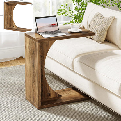 Round End/Side Table, Wooden C-Shaped End Table, Mid-Century End Table, Boho Side Table for Living Room & Bedroom