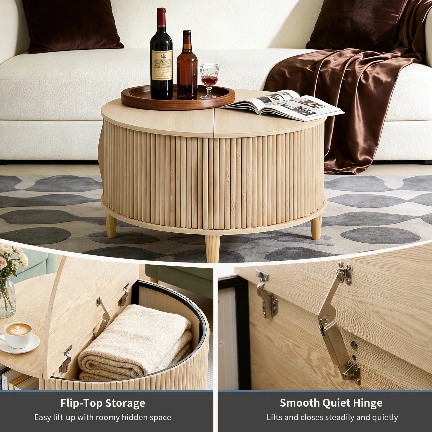 31IN Round Coffee Table with Flip-Top Storage Fluted Center Table 2-Tier Wood Desktop with Sliding Cabinet Door Living Room