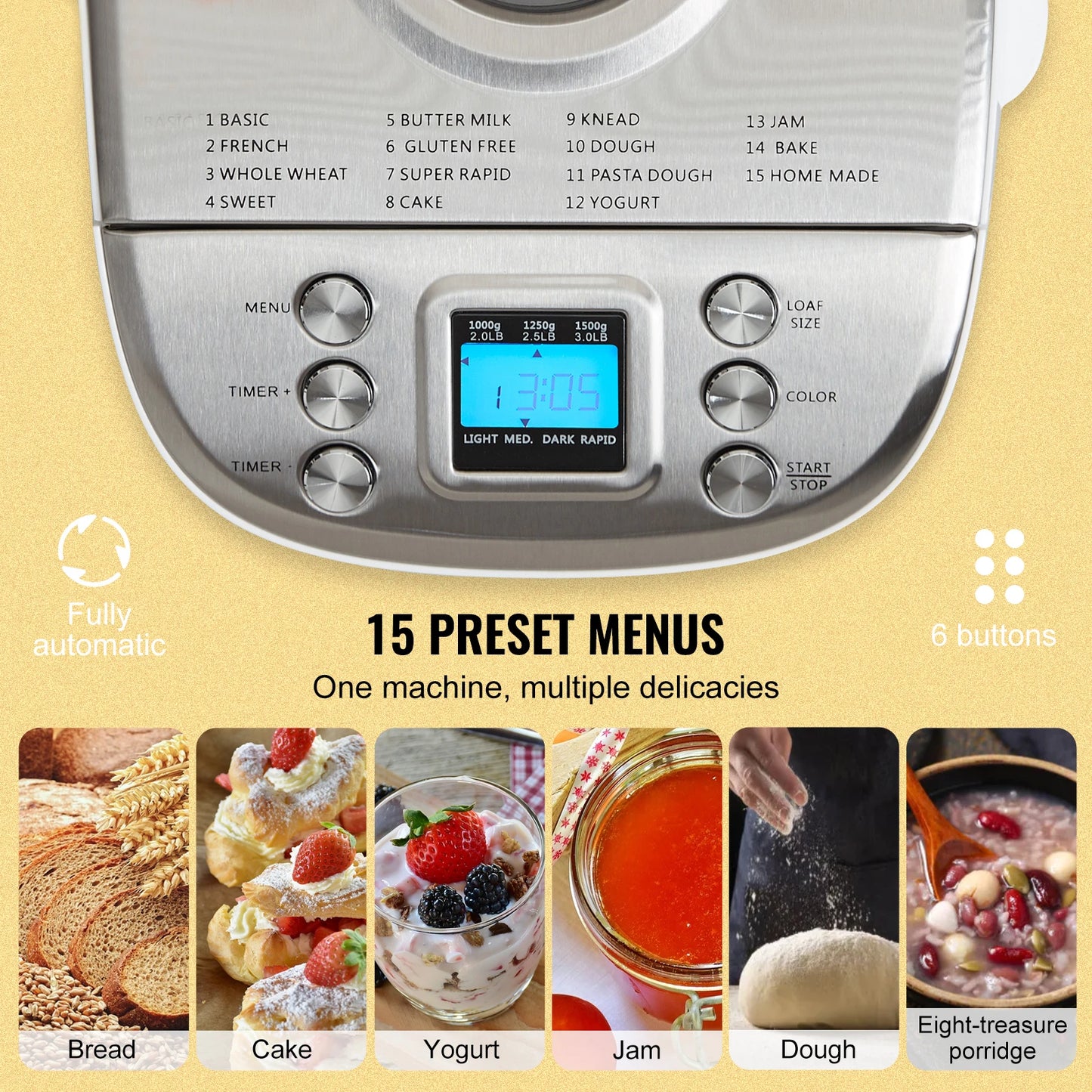 2/3 LB Bread Maker 15-in-1 Dough Machine Nonstick Ceramic Pan Automatic Bread maker with Gluten Free Setting