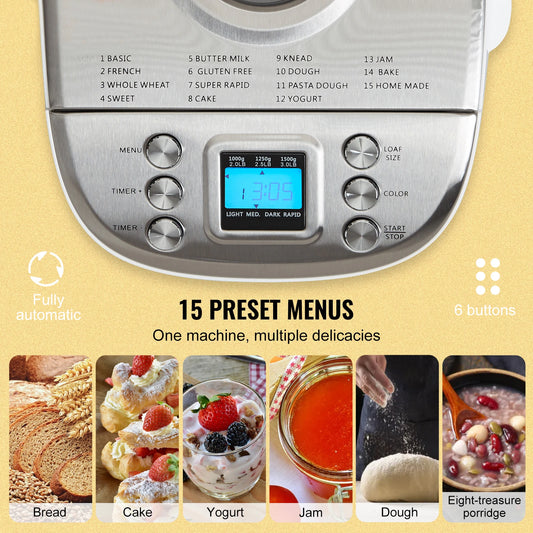2/3 LB Bread Maker 15-in-1 Dough Machine Nonstick Ceramic Pan Automatic Bread maker with Gluten Free Setting