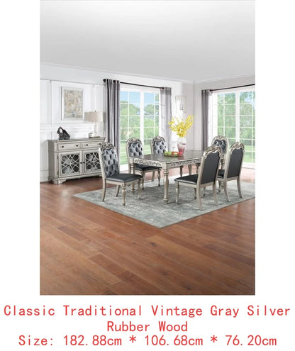 Formal 1pc Dining Table with 2 Leaves, Silver Grey Finish, Antique Design, Rubberwood, Large Family Dining Room Furniture