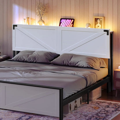 King Size Headboard with USB Ports, LED Lights, Storage Shelf and Bed Frame Adapter in White/Black