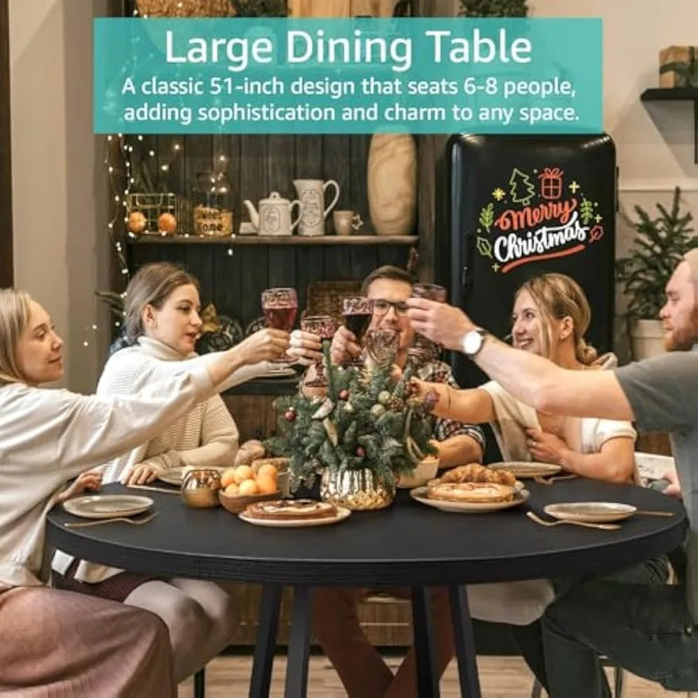 Black Round Dining Table for 6 - Modern Circle 51 Inch Large Room Kitchen Dinning Tables for 4 to 6 Person