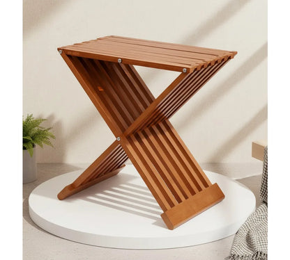 Folding Bamboo Wood Stool - Waterproof Sauna Shower Bench, Compact Multi-Use Seat for Bathroom & Steam Room