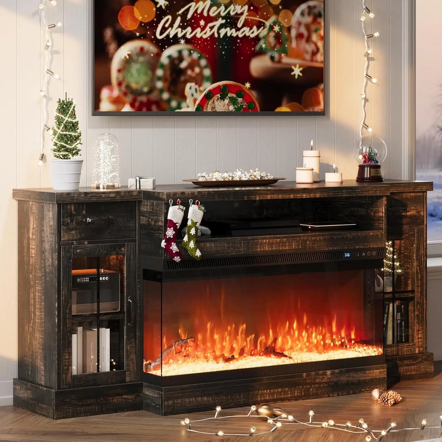 Fireplace TV Stand with 40" Electric Fireplace for 80" TV, 70" Entertainment Center with Adjustable Storage Cabinets