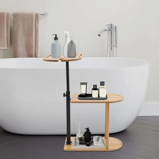 Bamboo Bathtub Tray Table with Adjustable Height, 3-Tier Freestanding Bathtub Caddy for Tub Against Wall, 360 °   Rotatable Bath Tub