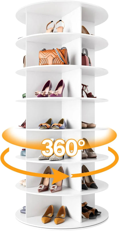 7-Tier Rotating Shoe Rack Tower, 360° Spinning Organizer for Shoes & Bags, White Storage Carousel
