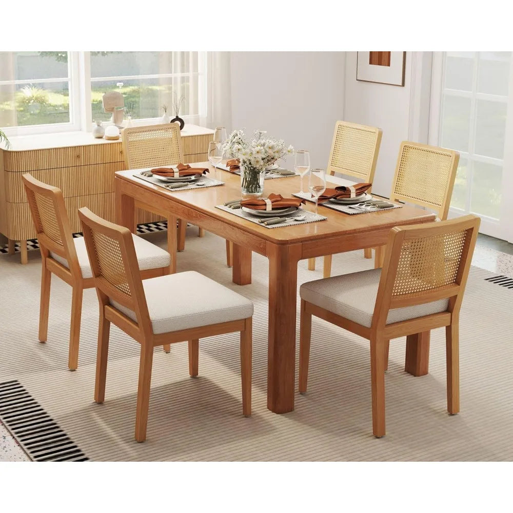 Modern Farmhouse Rattan Dining Chair Set of 6 Beige Chenille Upholstered Dining Chairs with Rattan Back