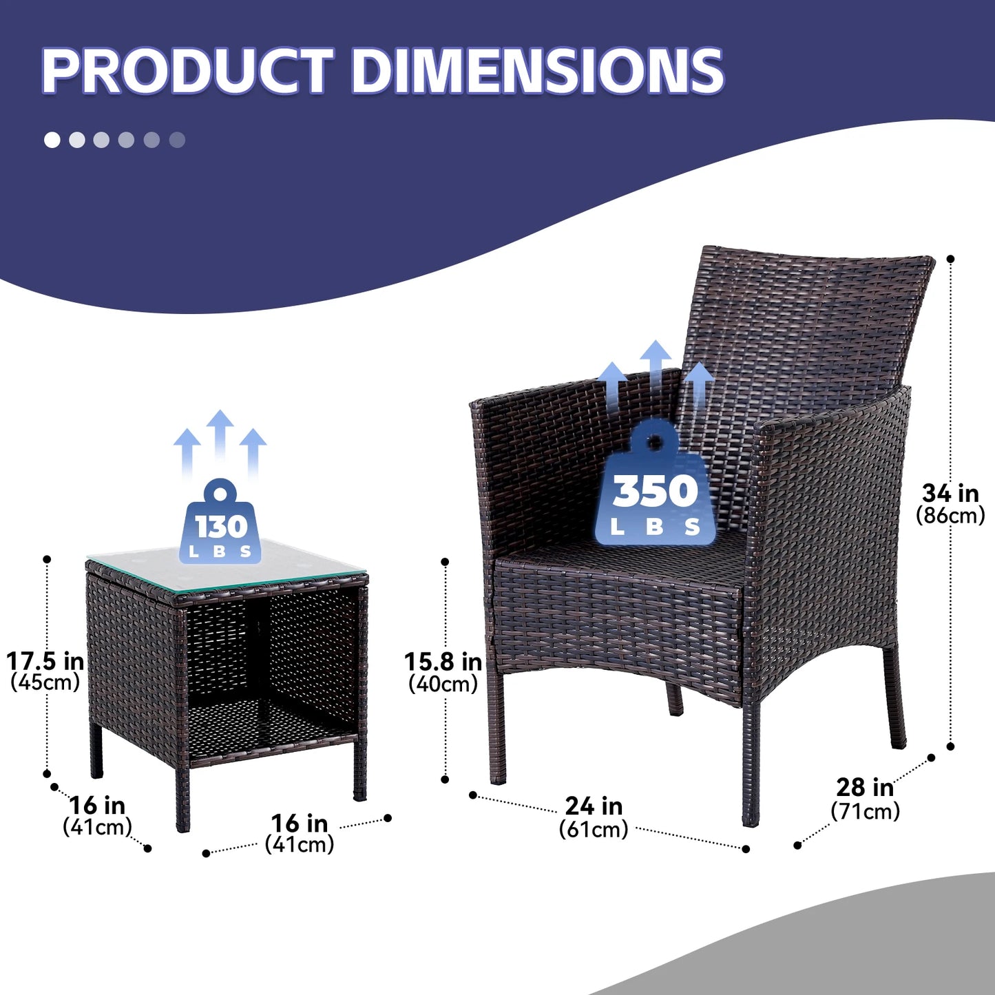 3-Piece Bistro Set Outdoor Patio Furniture Rattan Chairs Table Soft Cmats Tempered Glass Durable Comfortable Garden