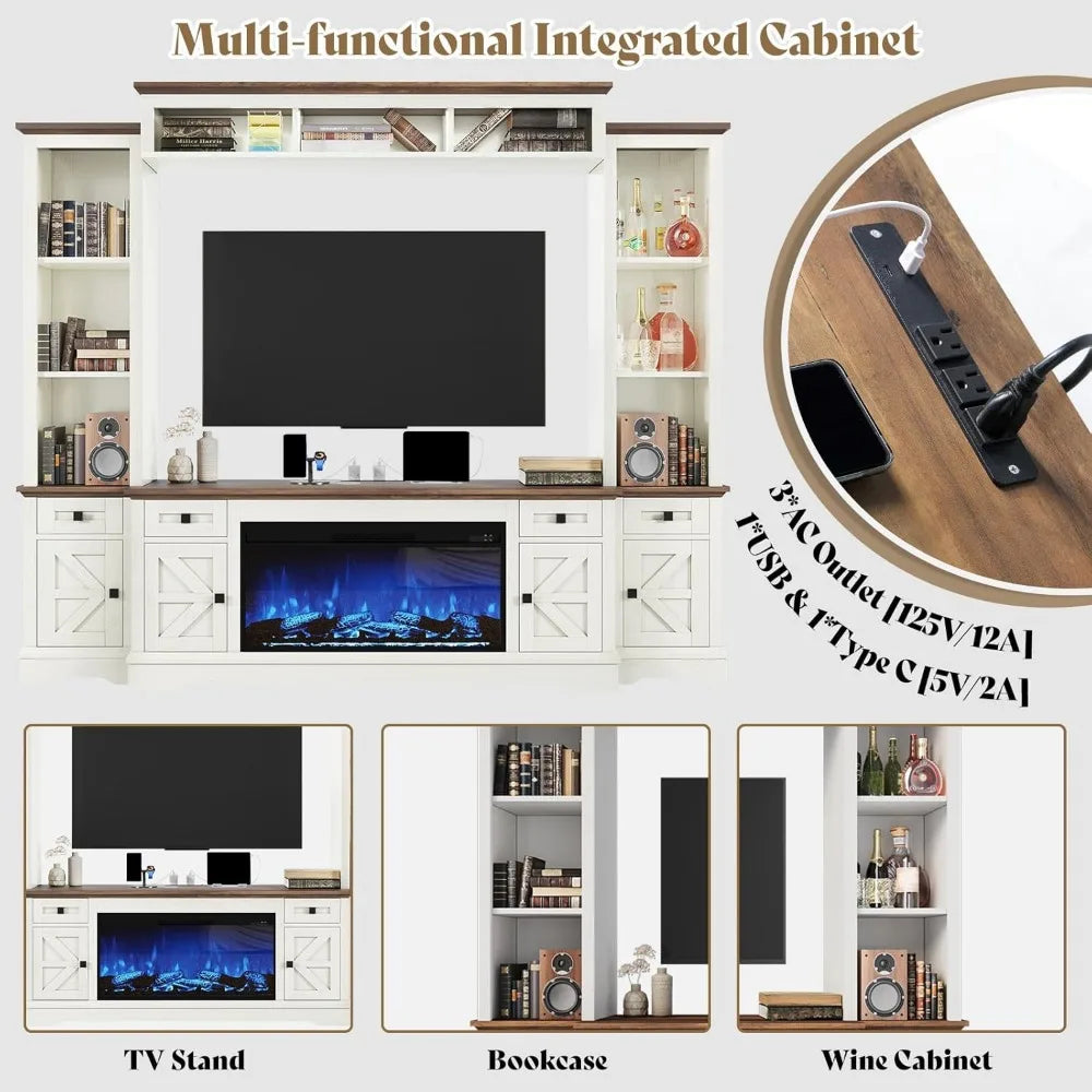 Farmhouse Style 98-inch Entertainment Center with Fireplace, TV Stand, Bookshelf, Wine Cabinet for 75-inch TVs