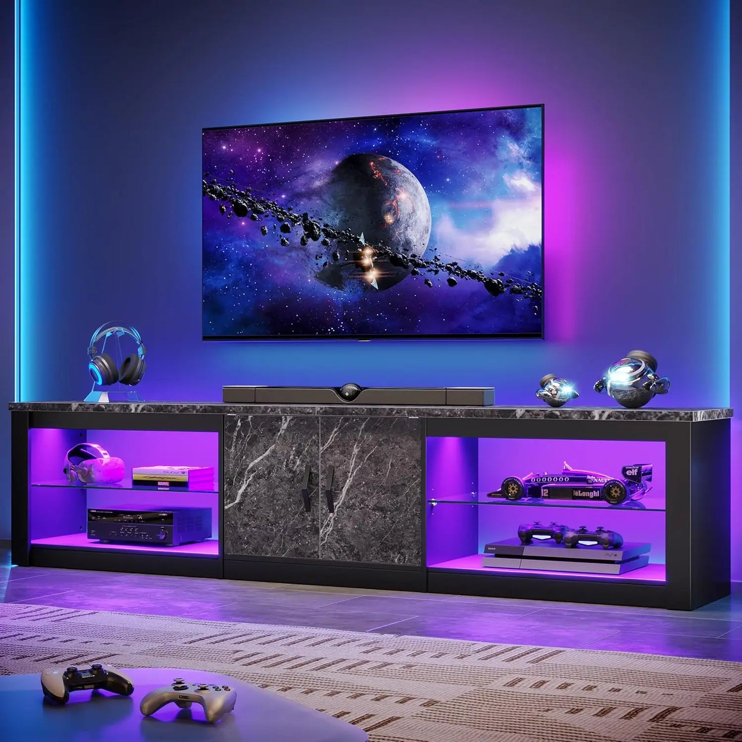 80 Inch TV Stand for 75/77/85/86 inch TVs, LED Gaming Entertainment Center for PS5 with Storage Cabinet &Adjustable Glas