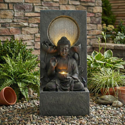 28" H Outdoor Buddha Waterfall Fountain, Freestanding Relaxing Water Feature, Asian Zen Fengshui Decor for Patio, Garden, Backyard, Deck & Home, Ideal Gift Led Fountain