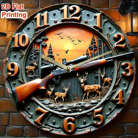 Winchester-Inspired  Rustic Cabin Wall Clock - Silent Non-Ticking Quartz Movement, Vintage Hunting Decor with Rifle, Moose, Dee