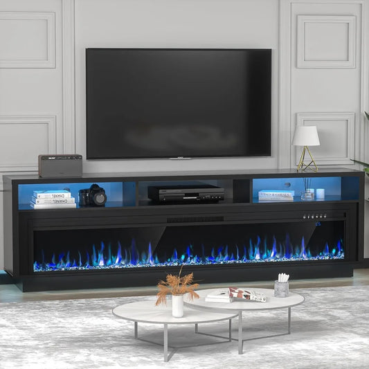 70" Fireplace TV Stand for TVs Up to 80" with 64" Electric Fireplace, TV Console for The Living Room, LED Light Entertainment C