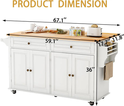 White Kitchen Island Cart with Wood Top Drop Leaf Wheels Drawer Storage Cabinet Spice Rack Towel Rack