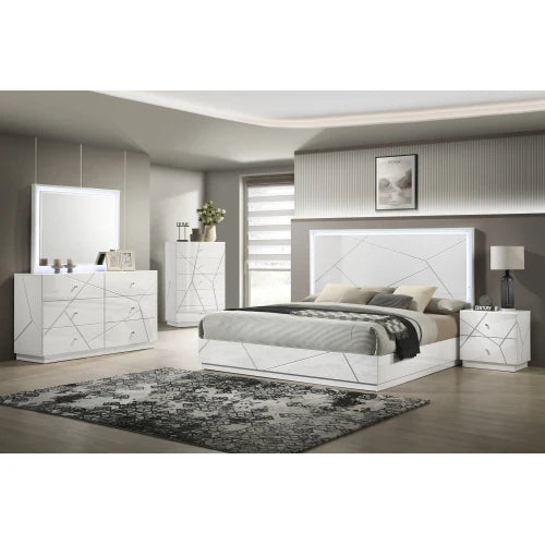 Queen 5-Piece Bedroom Set – Modern Design with Lacquer Finish, Geometric Accents, and LED Lighting