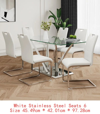 Elegant Glass Dining Table Set with Stainless Steel Base & 6 White Chairs - Modern Transparent Design for Dining Room