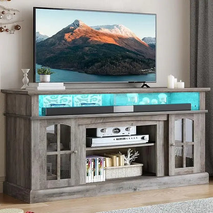 LED TV Stand, Modern Entertainment Center W/Glass Doors Adjustable Storage Shelves, Media Console TV Cabinet for For Living Room