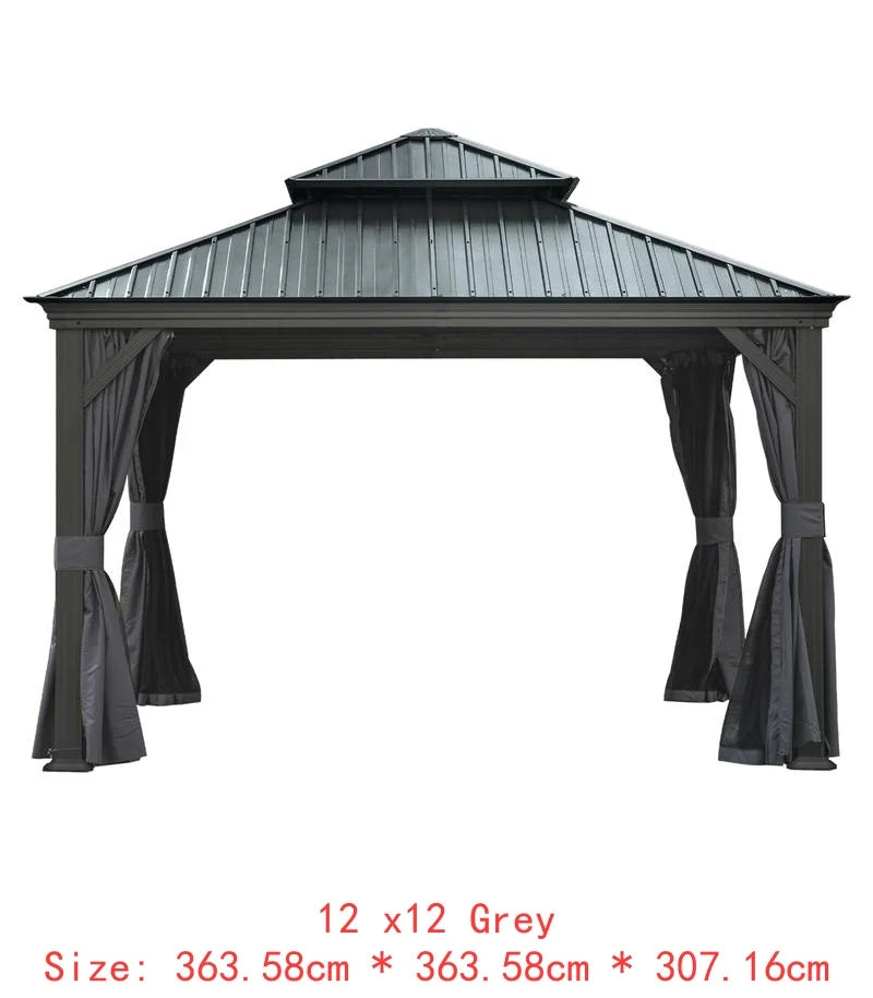 14x24 Hardtop Gazebo, Upgraded Metal Canopy with Drainage, Dual-Layer Galvanized Steel Roof, Includes Curtains & Netting,