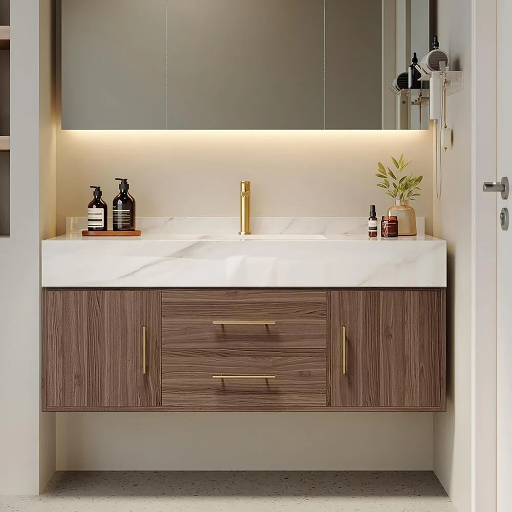 Floating Bathroom Vanity with Sintered Stone Vessel Sink 2 Drawers (Walnut with Doors, 39.4'')