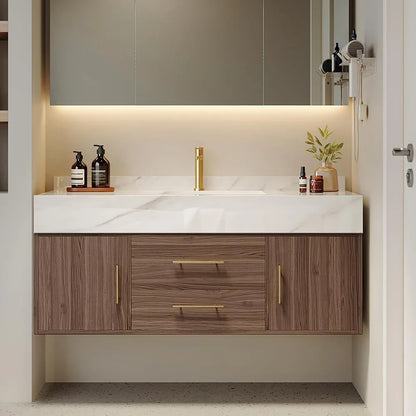 Floating Bathroom Vanity with Sintered Stone Vessel Sink 2 Drawers (Walnut with Doors, 39.4'')