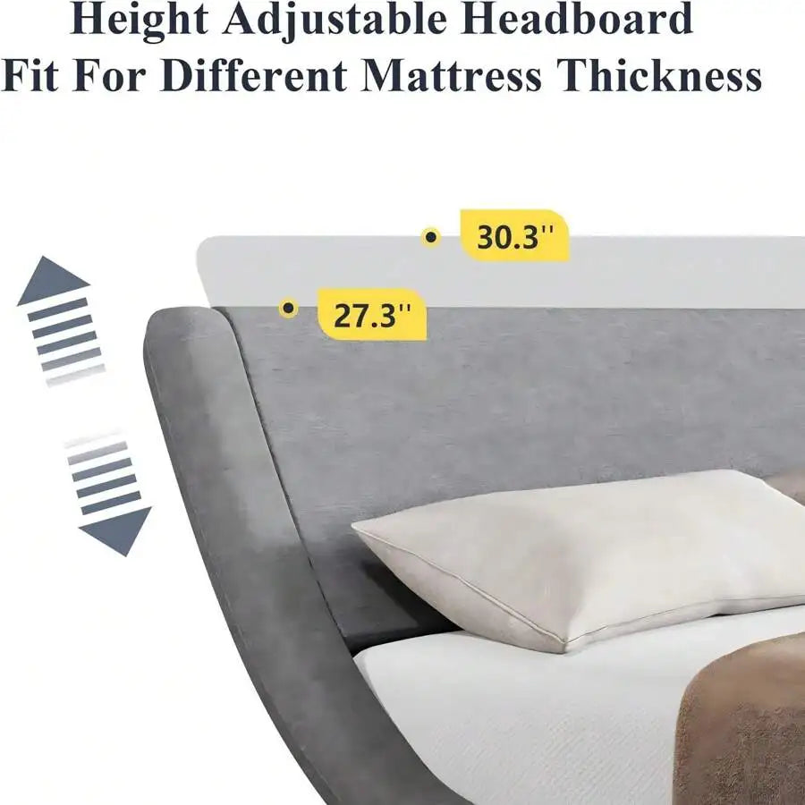 Full/QueenKing Size Bed Frame With Ergonomic & Adjustable Headboard, Low Profile Modern Upholstered Platform Sleigh Design - Easy Assembly, No Box Spring Required, Grey