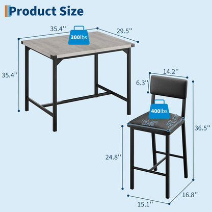 Dining Table Set for 2 w/Counter Height Table & 2 Upholstered Bar Stools, 3-Piece Kitchen Table Set with Footrest & Corner