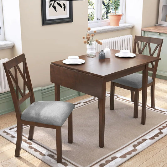 3-Piece Set – Drop-Leaf Table & 2 Upholstered Chairs, Wooden Dining Set for Small Spaces